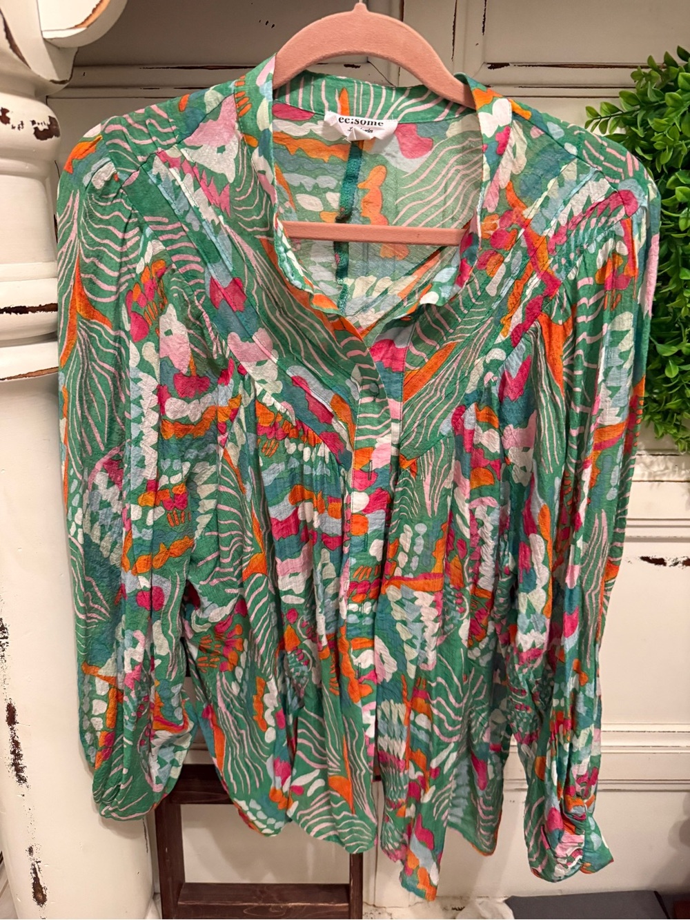Lil Bees Bohemian  Teal Floral-Print Button Blouse with Pink & Orange Accent